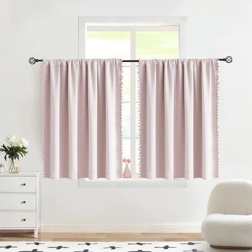 Treatmentex Pompom Pink Full Blackout-Curtains for Bedroom, Thermal Insulated Small Curtain Drapes for Baby Nursery Room Basement 52" W x 45" L 2 Panels Rod Pocket