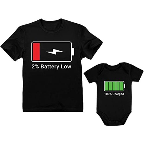 Tstars 100% Charged and Battery Low Matching Outfits for Dad and Baby Funny Gift for New Parents on Father's Day