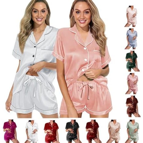 2 Pack: Silk Pajamas XS-2XL Womens Satin Pajama Set Bride Soft Pj Lounge Sets Pjs Shorts Set Short Sleepwear