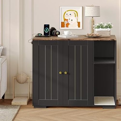 Garvee Large Cat Robot 4 Enclosure Furniture, Cat Litterbox Robot Cabinet with Power Outlet 5 ft Power Cord, Dog Proof Shelf, for Most Self-Cleaning Litter Boxes Black