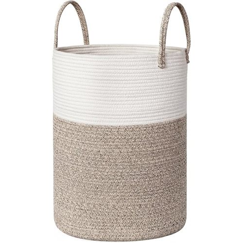 Large Woven Laundry Basket, 15”x18” Tall Blanket Basket Living Room, Cotton Rope Hamper for Bedroom Aesthetic, Baby Nursery, Wicker Hamper for Dirty Clothes, Kids Toy Laundry Storage Bin