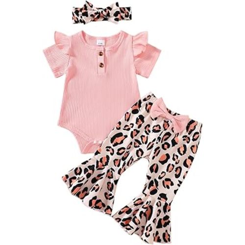 Baby Girl Clothes Infant Rib Button Short Sleeve Romper Leopard Flared Pants Headband Summer Clothing Set 3pcs