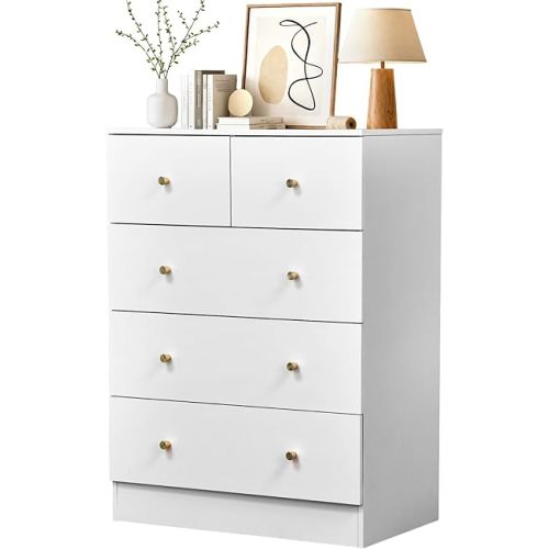 Karl home Dresser for Bedroom, Modern Wood Dresser Chest of Drawers, Bedroom Dressers Nightstand, Anti-Tipping Device, Rose Gold Metal Handle, Living Room, Hallway, Office (White-5 Drawer)