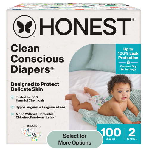 Honest® Clean Conscious Baby Diapers Size 2 (12-18 lbs), Hypoallergenic and Fragrance Free, 100 Count