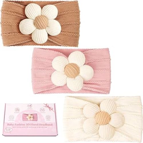 CÉLLOT Baby Flower Headbands Baby Girls Nylon Headbands Baby Essentials Stretchy Hairbands Handmade Hair Accessories for Newborn Infant Toddlers Kids (Pink,Brown,Beige)