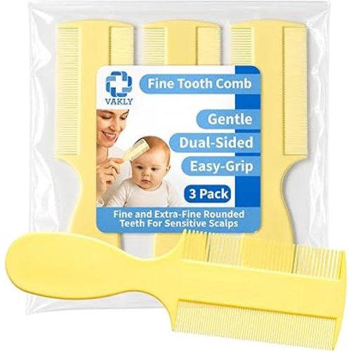 Vakly Fine Tooth Comb (3 Pack) – Double-Sided Baby Comb with Handle, Extra Fine Lice & Dandruff Comb for Cradle Cap, Newborns, Toddlers & Adults