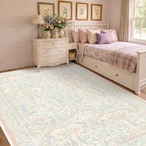 Blue and Pink 6x8 Washable Nursery Area Rug, Pastel Oushak Floral Kids Playroom Rug, Non-Slip Soft Low Pile Carpet for Girls Bedroom Living Room Dorm, Stain Resistant Home Carpet
