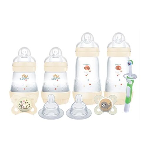 MAM Welcome Home Feeding Set, Newborn Essentials Must Have for 0-3 Months, Including 9 Piece, Easy Start Anti-Colic Baby Bottle, Pacifiers, Skinsoft Silicone Nipples, Training Toothbrush, Baby Gift