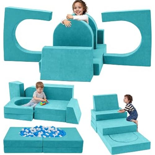 Fvkind 10-Piece Kids Play Couch, Modular Couch Kids Sofa Set, Teal Blue