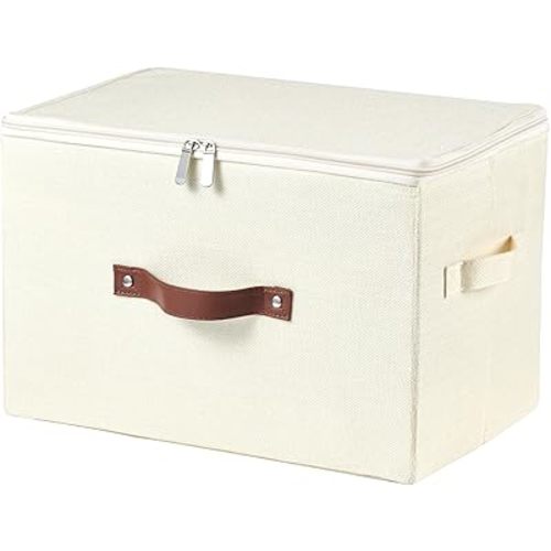 Storage Bins with Zipper Lid Cotton Linen Fabric Lidded Storage Baskets Boxes Foldable Washable Closet Shelf Clothes Organizer Container with PU Leather Handles (Beige, Large Size)