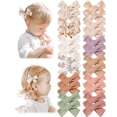 Niceye Baby Hair Clips - 24 Pcs Fully Lined Hair Bow Clips for Fine Hair Cotton Tiny Hair Barrettes for Infants, Toddlers, and Little Girls