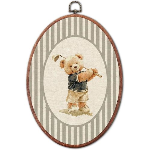 Vintage Bear Golf Nursery Oval Wall Art Framed, Sports Framed Canvas Prints