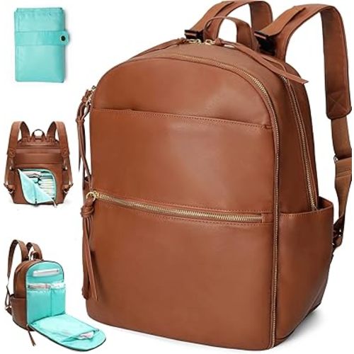Diaper Bag Backpack with 6 Insulated Pockets, Leather Diaper Bag, Large Baby Bag for Mom, Baby Registry, 18 Pockets, Changing Pad, Stroller Straps (Brown)