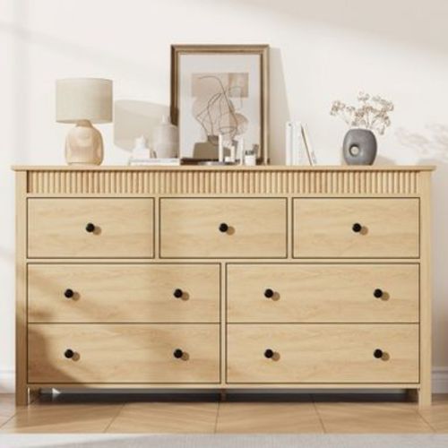 Fluted 7 Drawer Dresser, Natural Oak 7 Chest of Drawer with Fluted Design, 54in Wide Wooden Dresser Organizer Closet for Bedroom Living Room Nursery