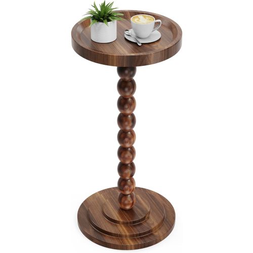 Round Wooden Side Table & Drink Table | Sturdy & Functional Mid-Century Modern Design with Solid Wood Columns for Living Room, Bedroom, Office & More
