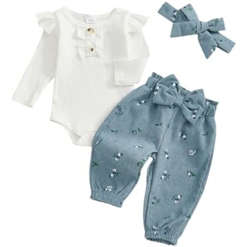 fhutpw Newborn Baby Girl Clothes Rib Frill Romper Daisy Flared Pants Set