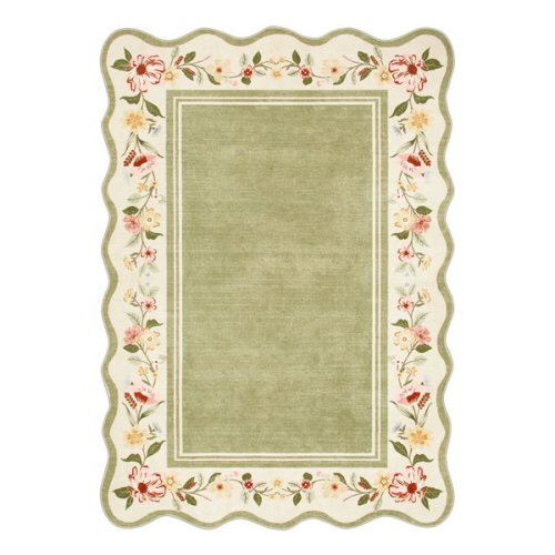Ariele Washable Vintage Floral Scalloped Sage Green Rug