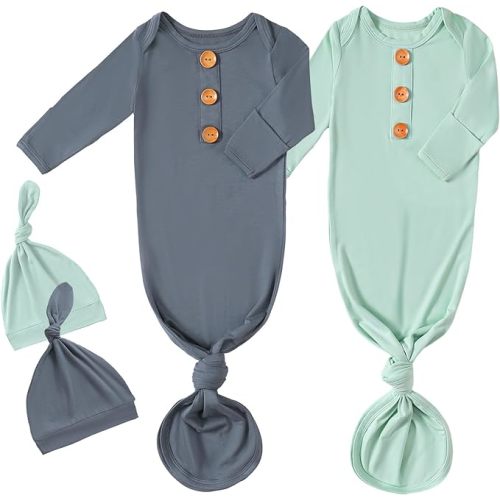 OPAWO Knotted Gown Baby Newborn Sleepers Baby Boy Coming Home Outfit, Bamboo Viscose Baby Gowns with Mitten Cuffs and Hat Set - Size: 0-3 Months