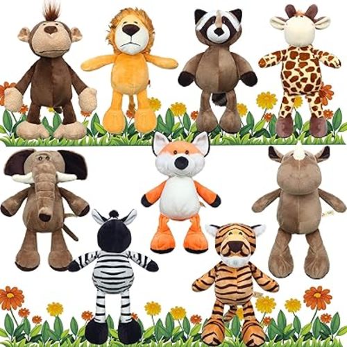 Zhanmai 9 Pieces Safari Stuffed Animal Toys Set 11 Inch Plush Jungle Animal Toys Plush Includes Tiger Lion Elephant Monkey Zebra Raccoon Rhino Giraffe for Zoo Theme Party Student Award(Classic)