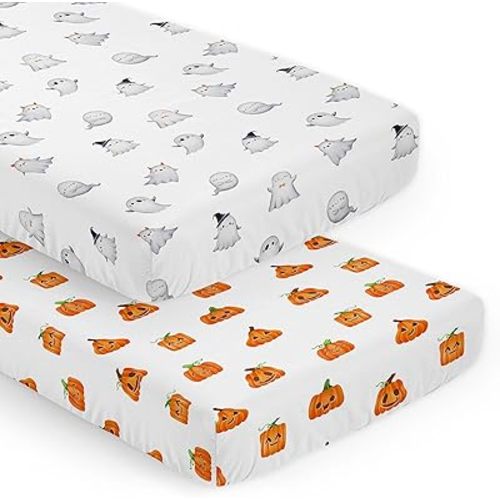 Sweet Jojo Designs 2-Piece Baby Crib Sheets Set (Halloween Ghosts & Pumpkins) for Boys or Girls, Infant Nursery, Toddler Room - Standard Size (Ghost, Jack O Lanterns, Festive Holiday, Gender Neutral)
