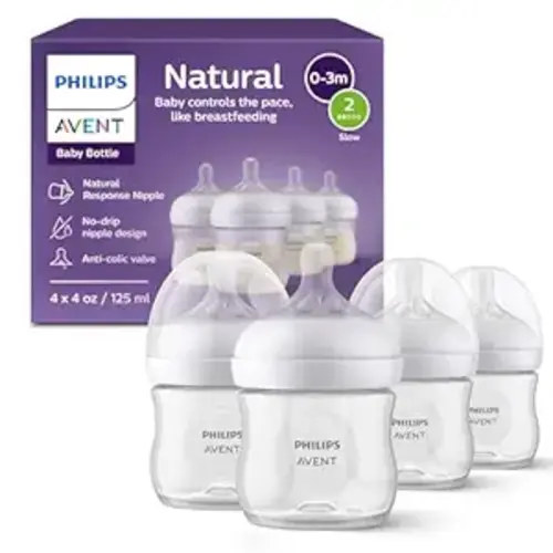 Philips Avent Natural Baby Bottles with Natural Response Nipples (Slow Flow, Flow 2), 4oz, 4-Pack, SCY900/04