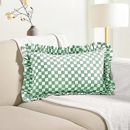 CPC Farmhouse Hunter Green Gingham Check Hand Block Print Cotton Ruffle Decorative Sham Covers with Hidden Zipper 12x20 Pack of 1 for Bed,Sofa, Couch, Living Room Gift Spring, Easter, Valentine
