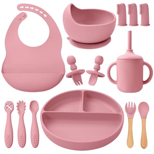 LITTLE RAWR Silicone Baby Feeding Set 14 Pcs,Baby Led Weaning Supplies, Baby Spoons Suction Bowl Divided Plate Bib Cup Finger Brush,First Stage Solid Food Eating Utensils - 6+ Months(Deep Red)