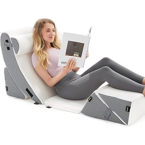 6PCS Orthopedic Bed Wedge Pillow Set for Sleeping - Post Surgery Pillow Set for Body Back and Leg Pain Relief - Adjustable Pillows for Snoring & Heartburn & Acid Reflux (White Grey)