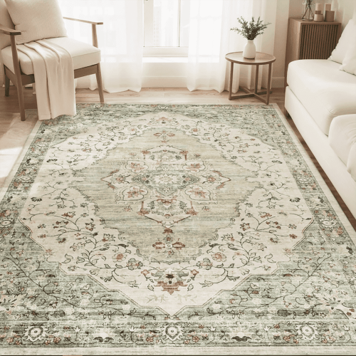 VUNATE 8'x10' Washable Vintage Floral Area Rugs, Soft Botanical Carpet for Living Room, Bedroom, Kitchen