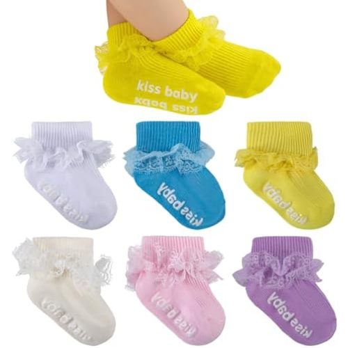 Baby Girl Ruffle Socks with Grips Turn Cuff Ankle Lace Frilly Dress Socks for Newborn/Infant/Toddler/Little Kids