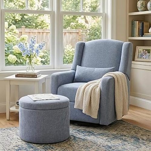 Power Nursery Rocking Chairs with Ottoman: 270° Swivel Rocker Recliner with Waist Pillow & USB Charging Port, Ultra Comfy Nursery Glider Recliner for Nursery Living Room and Bedroom Blue