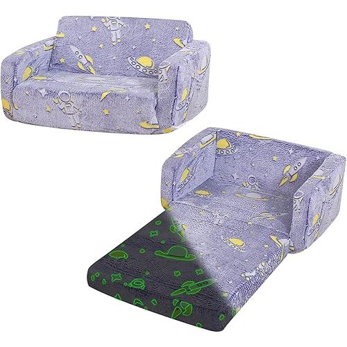 Foldable Kids Sofa,Soft Kids Fold Out Couch Glow in The Dark,Convertible Sofa to Lounger Toddler Sofa Chair(Space