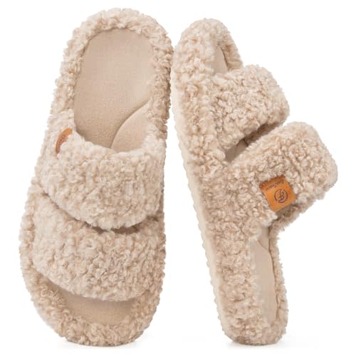 EverFoams Womens Fuzzy Open-toe Slippers Memory Foam Indoor House Shoes | Machine-washable, Gifts, Memory Foam, Anti-slip Sole, Lightweight, Indoor and Outdoor, Cozy