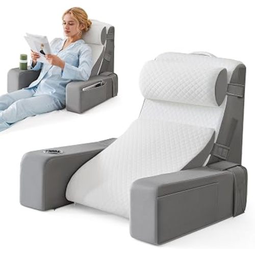 Reading Pillow for Bed with Adjustable Armrests and Side Pockets, Back Pillow for Bed Sitting Up, Sit Up Pillow, and Bed Pillows for Sitting Up, Ideal for Reading, Watching TV and Relaxing, Light Gray