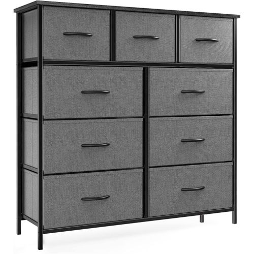 OLIXIS Dresser for Bedroom, 9 Storage Drawers, Wide Fabric Closet Chests Organizer Tower Furniture, TV Stand with Wooden Top Metal Frame for Clothes, Living Room, Hallway, Entryway, Classic Grey
