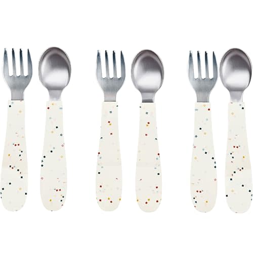 WeeSprout Toddler Utensils, 3 Forks & 3 Spoons, 18/8 Stainless Steel & Food Grade Silicone, Thick Easy-Grip Handles, Perfect Length For New Self Feeders, Gentle On Gums & Teeth, Dishwasher Safe