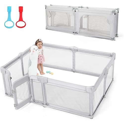 Baby Playpen,71"x71" Foldable Playpen for Babies and Toddlers with Gate,Large Baby Play Pens with Zipper Door,Play Yards Play Area(Light Grey)