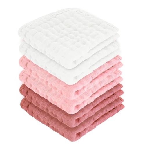 Baby Washcloths 100% Cotton Size is 12x12 inches. Lightweight, Portable, and Ideal for use at Home or on The go. (White & Pink 6 Pieces)