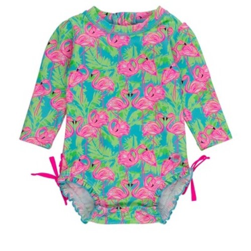 RuffleButts Baby Girls Tropical Long Sleeve UPF50+ One Piece Rash Guard - Neon Flamingo Fun, 6-12m