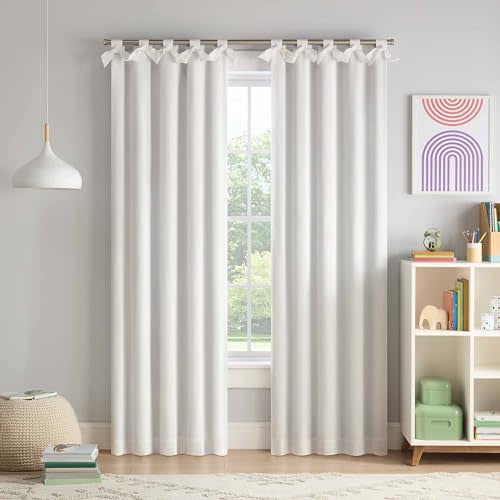 ECLIPSE KIDS Blackout Curtain, Kids Curtain with Tacked Bow Tab Top Header, 84 in x 40 in, Thermaback 100% Blackout Curtain, Curtain for Kids Room or Playroom, 1 Window Curtain, White