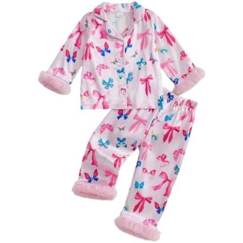 Kuriozud Kids Toddler Girl Satin Pajamas Fuzzy Trim Long Sleeve Button Down Shirt Top and Pants 2pcs Pjs Sets Sleepwear
