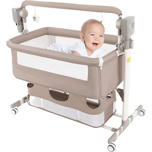 Smart Baby Bassinet Bedside Sleeper with Auto Rocking, 5 Swing Speeds & 3 Timer Settings, Bluetooth Music, Height Adjustable (18.1-19.7in), 44lbs Capacity for Newborns 0-24 Months, Khaki