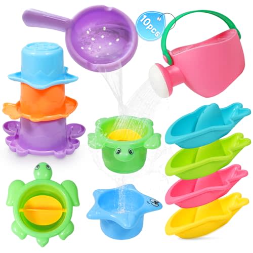 BAYMI 10PCS Baby Bath Toys for Kids Ages 1-3 – Easy-to-Clean Bathtub & Pool Water Toys for Toddlers 1-3 and Babies 12-18 Months, with Floating Boats, Stacking Cups and Pouring Fun