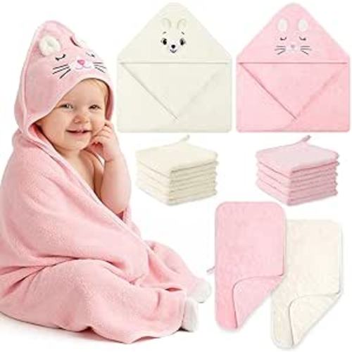 Flasoo 12 Pcs Baby Bath Towels Set for Infants Toddlers, 2 Pcs Animal Hooded Bath Towel, 2 Pcs Baby Burp Cloths & 8 Pcs Washcloths Set, Absorbent Soft Newborn Gift for Boys & Girls (Kitten & Bear)