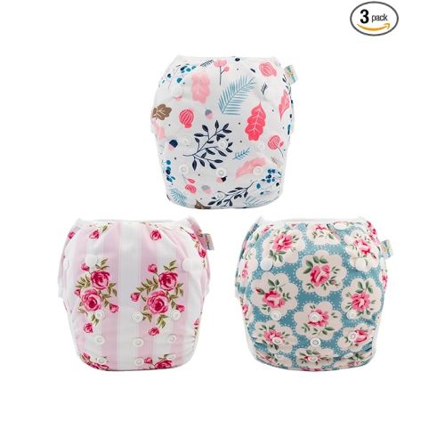 Babygoal Reusable Baby Girl Swim Diapers 3 Pack - Adjustable Washable for 0-8 Months Infants - Ideal for Swimming Lessons - Flower Design
