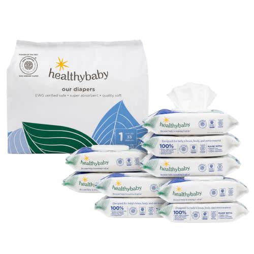 Healthybaby Diapers (Size 1, 33 Count) + Baby Wipes (8 Packs) | EWG Verified & Microbiome-Friendly. Plant-derived materials. 12-hour leak protection. TCF. Ideal for sensitive skin