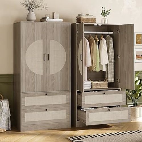 Maupvit Modern Boho Wardrobe Closet wiht 2 Drawers, 65" H Large Wooden Bedroom Armoires with Rattan Door & Hanging Rod, Freestanding Clothing Storage Cabinet for Dormitory, Apartment, Cloak Room