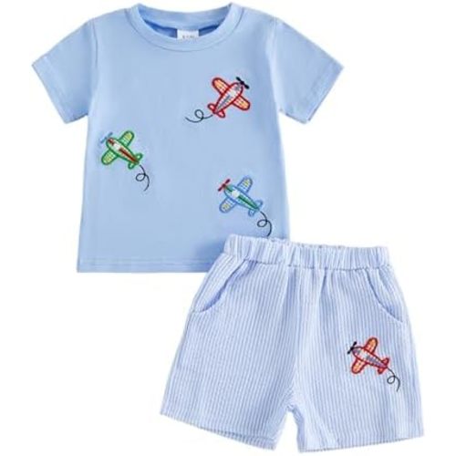 Kavousa Toddler Boy Summer Outfits Baby Boy Airplane Short Sleeves T-Shirt Plaid Shorts Set Infant Boy Clothes Set