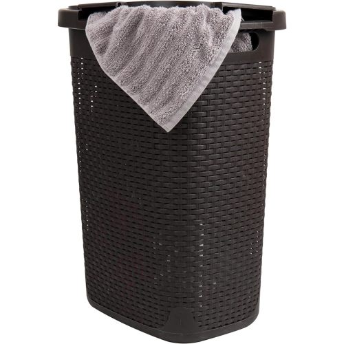Mind Reader Slim Laundry Hamper with Lid, 60L Clothes Basket, Premium Wicker Design, Plastic, White