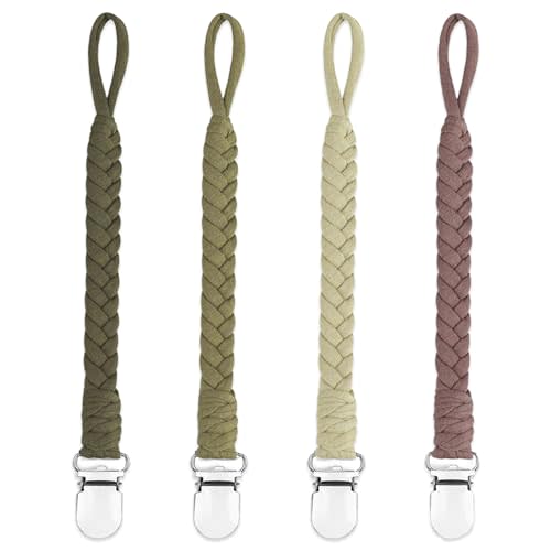 4 Pcs Pacifier Clip, Pacifier Clips for Boys & Baby Girls Pacifier Holder Clip Binky Clips Braided 100% Handmade Fits All Pacifiers(Green, 4 Pack)